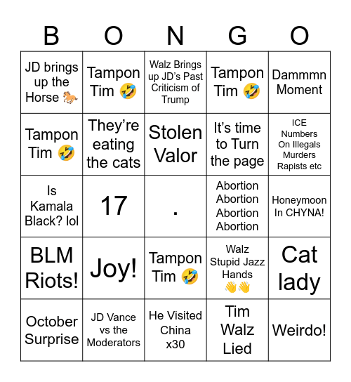 JD Vance vs Tim Walz Debate 10.1.2024 Bingo Card