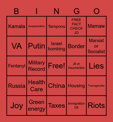 JD VANCE / Tim Walz Debate Bingo Card