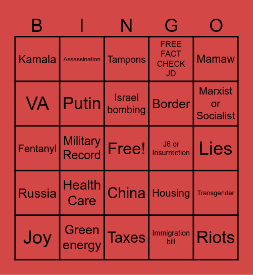 JD VANCE / Tim Walz Debate Bingo Card