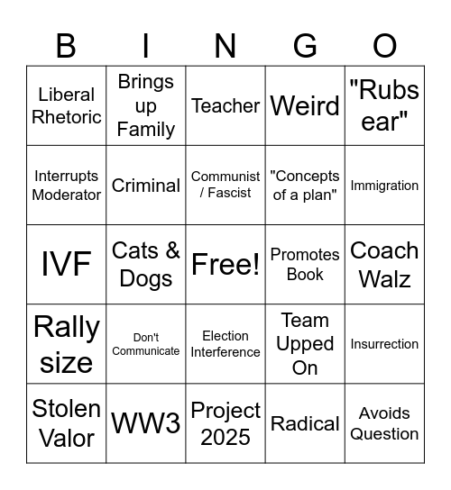 VP Debate Bingo Card