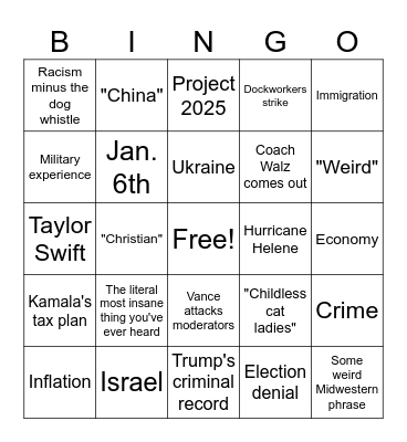 VP Debate 2024 Bingo Card