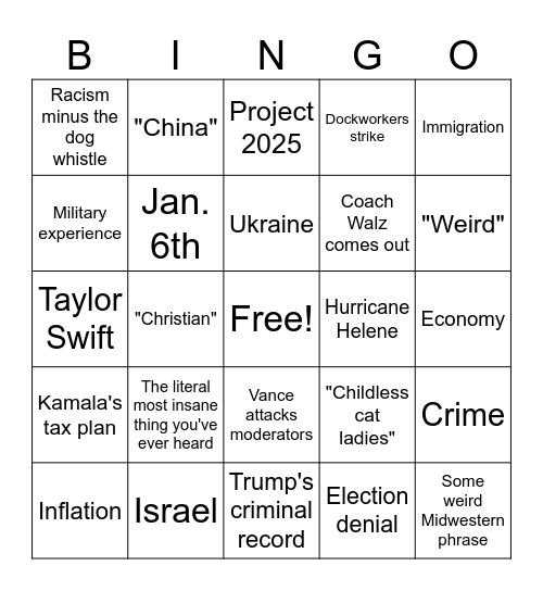 VP Debate 2024 Bingo Card