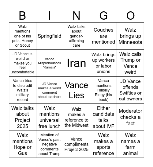 VP Debate Bingo Card