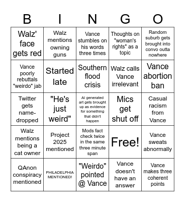 VP Debate 2024 Bingo Card