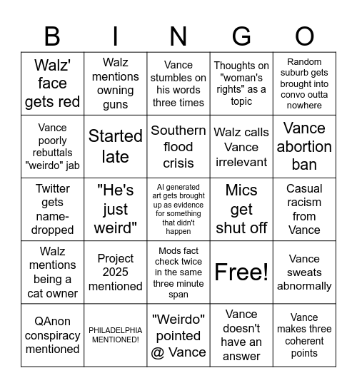 VP Debate 2024 Bingo Card