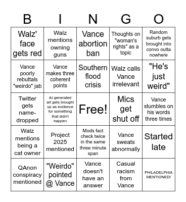 VP Debate 2024 Bingo Card