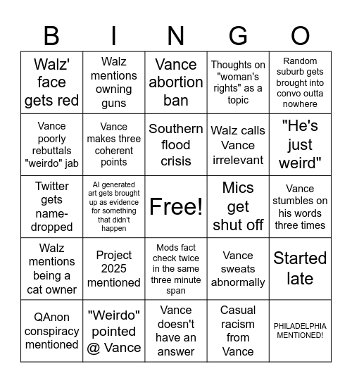 VP Debate 2024 Bingo Card