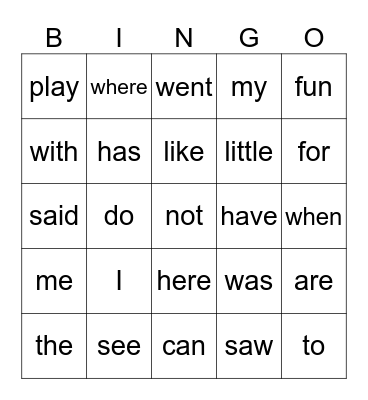 Sight Word Bingo Card