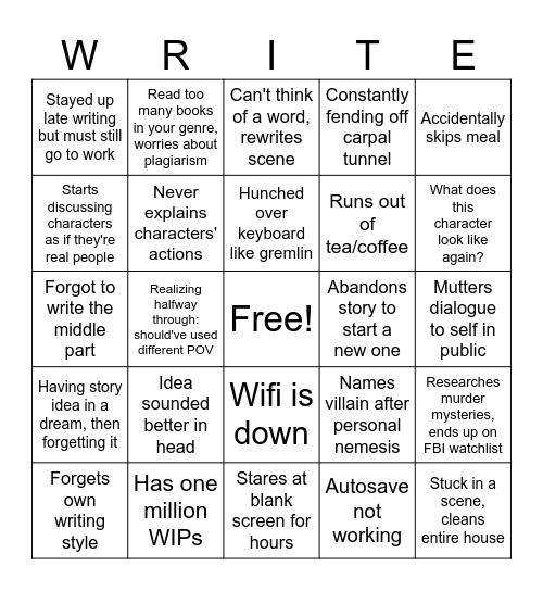 Writer Problems Bingo Card