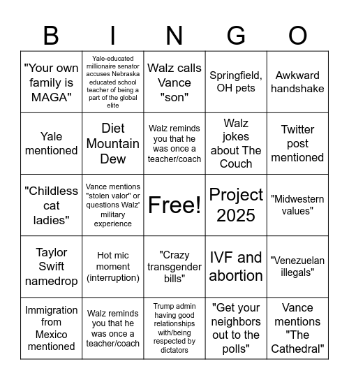 2024 VP Debate Bingo! Bingo Card