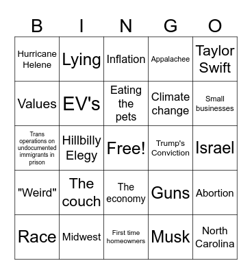 VP Debate Bingo Card