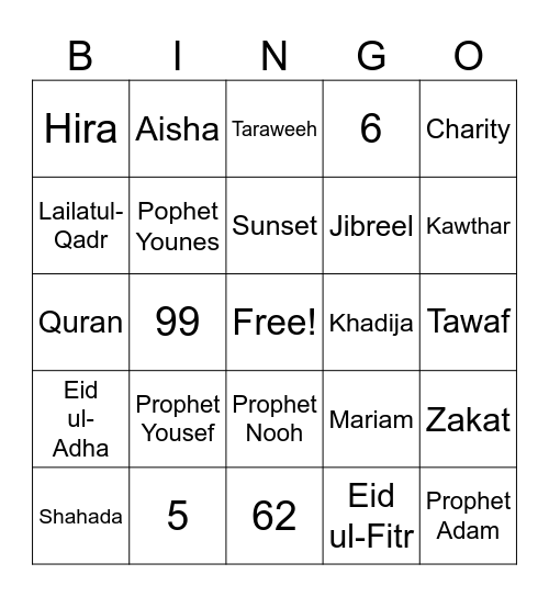 Islamic Bingo Card