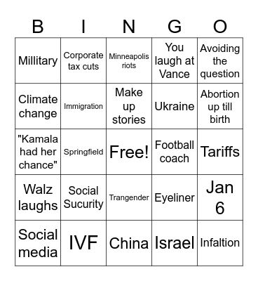 VP debate 2024 Bingo Card