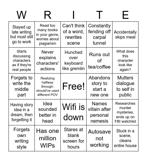 Writer Problems Bingo Card