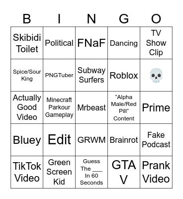 YouTube Shorts Bingo Card