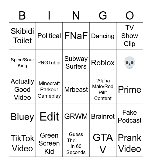 YouTube Shorts Bingo Card