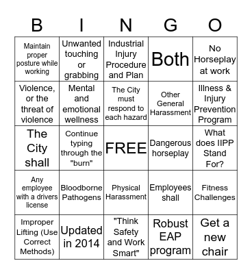 Injury & Illness Prevention Program (IIPP) Bingo Card