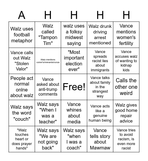 Walz Vance Debate Bingo Card