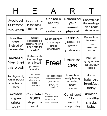 Heart Health Bingo Card Bingo Card