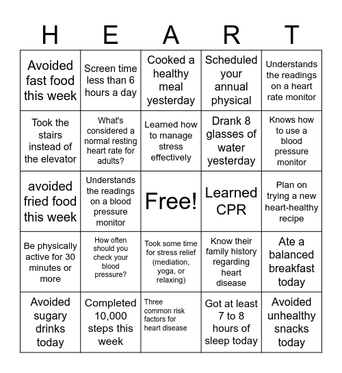 Heart Health Bingo Card Bingo Card