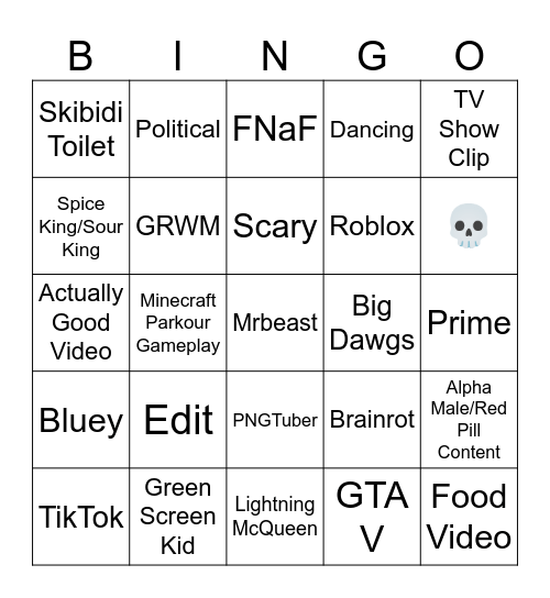 YouTube Shorts Bingo Card