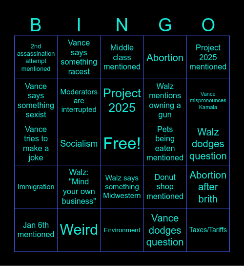 Vice Presidential Debate 2024 Bingo Card