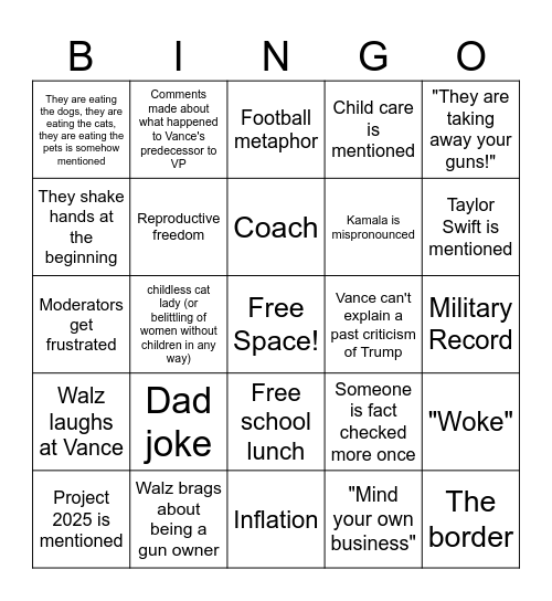 Vice Presidential Debate Bingo Card