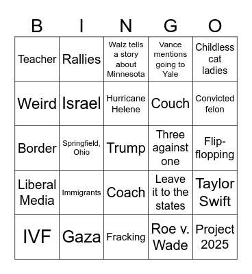 VP Debate Bingo 2024 Bingo Card