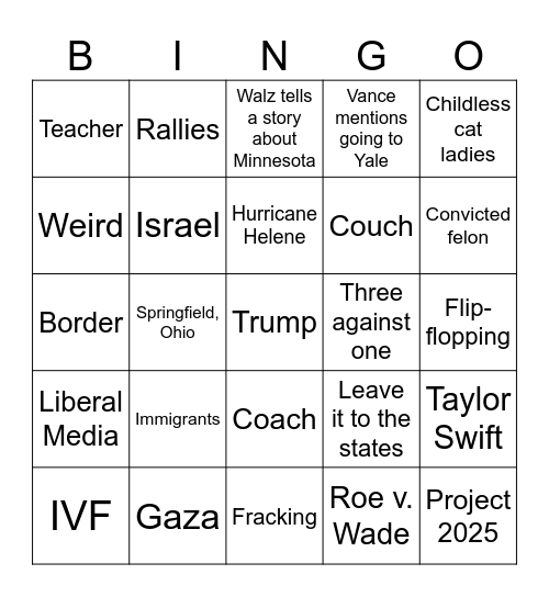 VP Debate Bingo 2024 Bingo Card