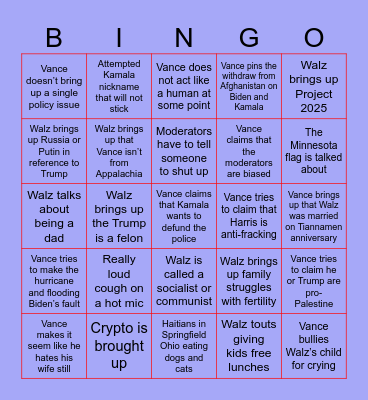 VP Debate Drinking Bingo Card