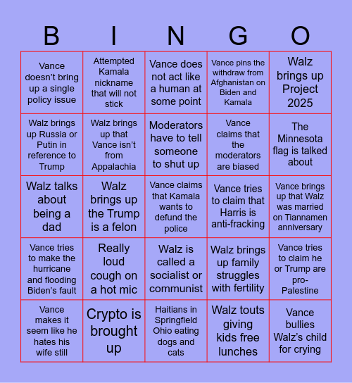 VP Debate Drinking Bingo Card