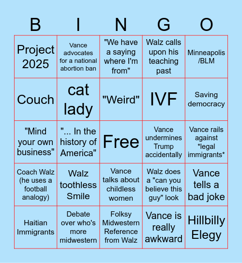 VP Debate Bingo Card