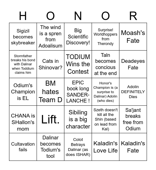 Wind and Truth Bingo Card