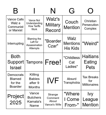 VP Debate Bingo Card