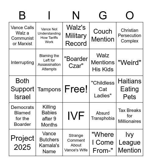 VP Debate Bingo Card