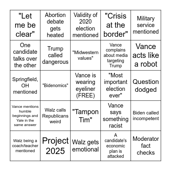 VP Debate Bingo Card