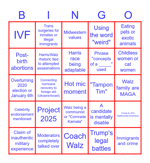 VP Debate Bingo Card