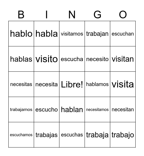 Ar Verbs Bingo Card