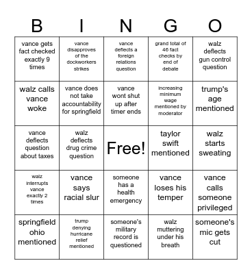vp debate 10/1/24 Bingo Card