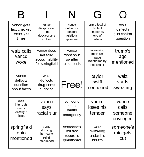 vp debate 10/1/24 Bingo Card