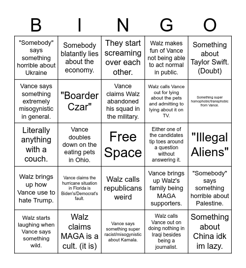 2024 VP Debate Bingo Card