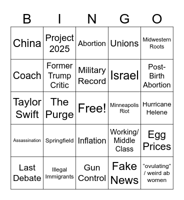 Vice Pres Debate Bingo Card