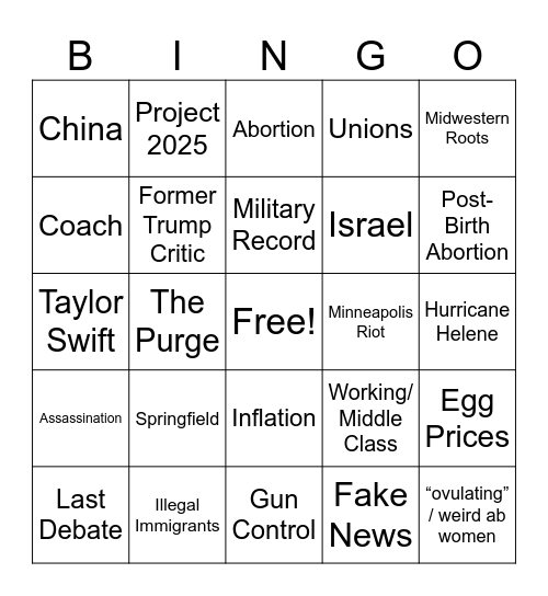 Vice Pres Debate Bingo Card