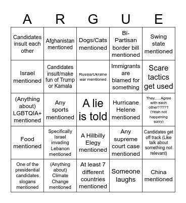 Vice Presidential Debate BINGO Card