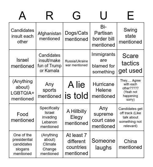 Vice Presidential Debate BINGO Card