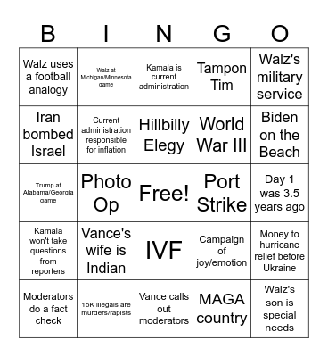 Vance/Walz Debate Bingo Card