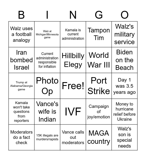 Vance/Walz Debate Bingo Card