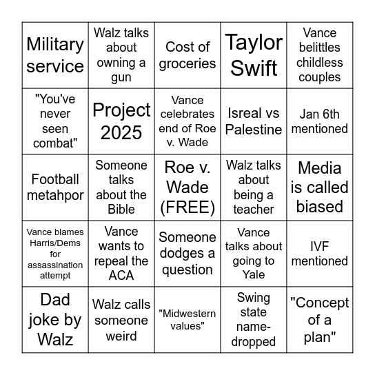 VP Debate Bingo Card