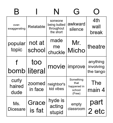 American High Bingo Card