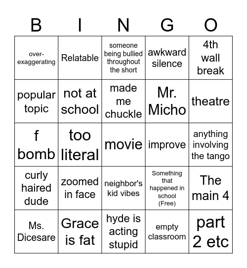 American High Bingo Card